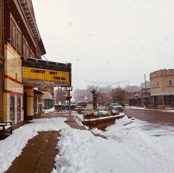 The Lawford Theater and downtown Main Street with winter snow